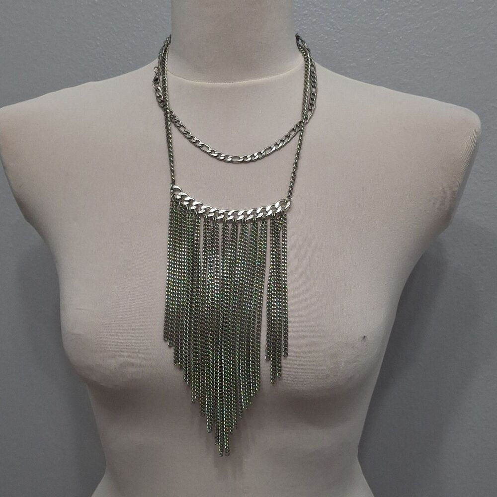 Multi Strand Layered Silver Toned Hanging Chain Bib Statement Necklace